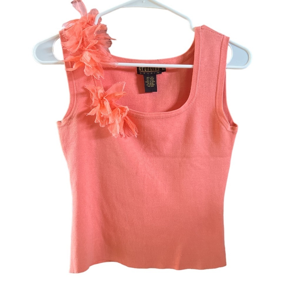 Vintage Georgiou Studio Coral Silk One Shoulder Blouse with Flowers (size M)